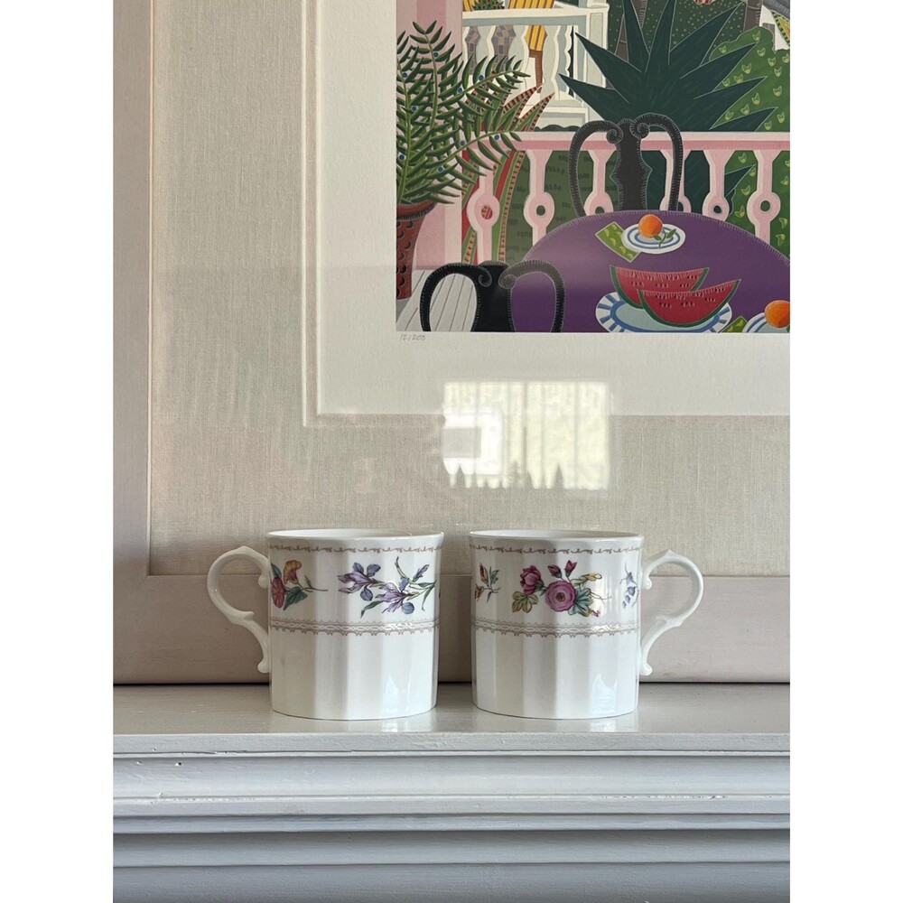 Pair of Vintage Botanical Flowers Coffee Mugs